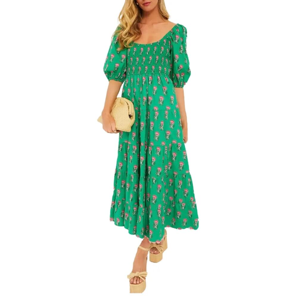 PINK CITY PRINTS Tuckernuck Parakeet Blossom Angelina Midi Smocked Dress Green M - Picture 2 of 9